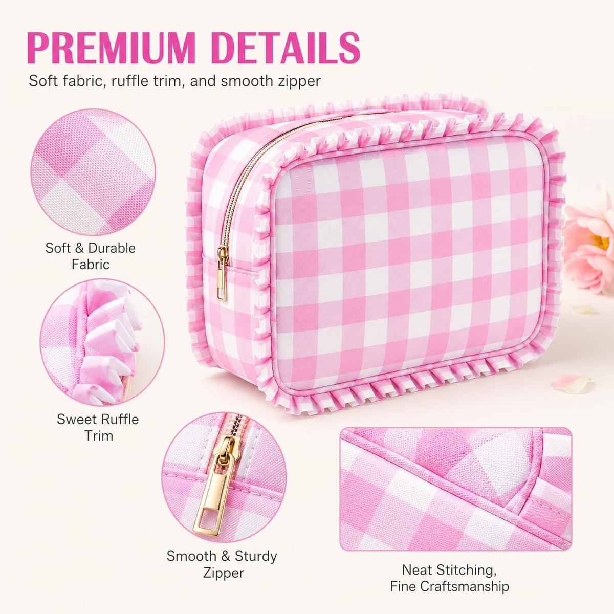 Gingham Ruffle Makeup Bag Set with Mirror and Plaid Design - Pink