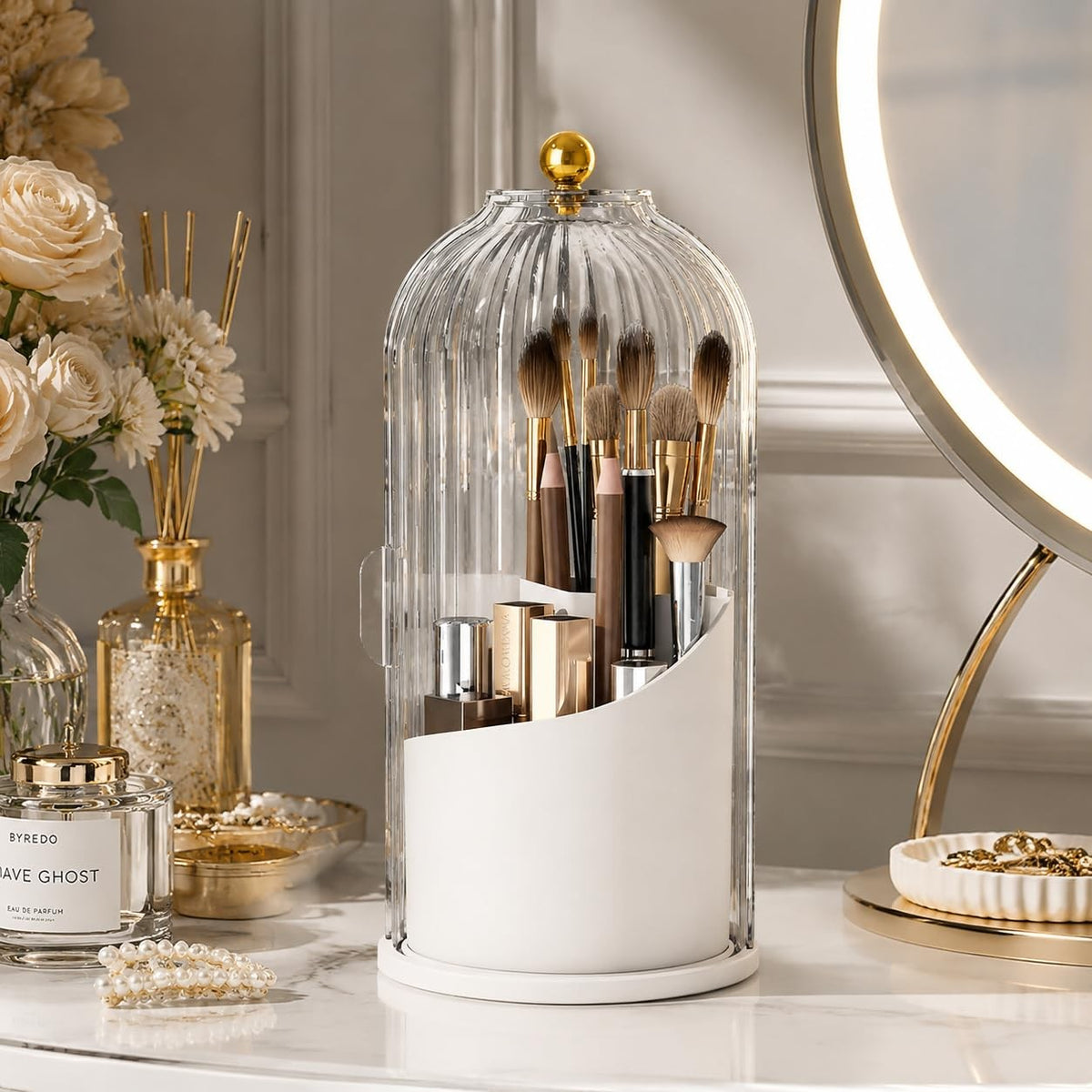 Makeup Brush Holder with Lid 3-Compartment Rotating Organizer Dustproof