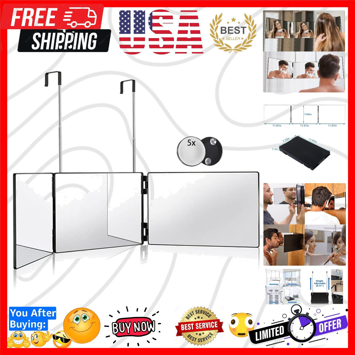 3-Way Hair Cutting Mirror with 5X Magnification and Adjustable Height