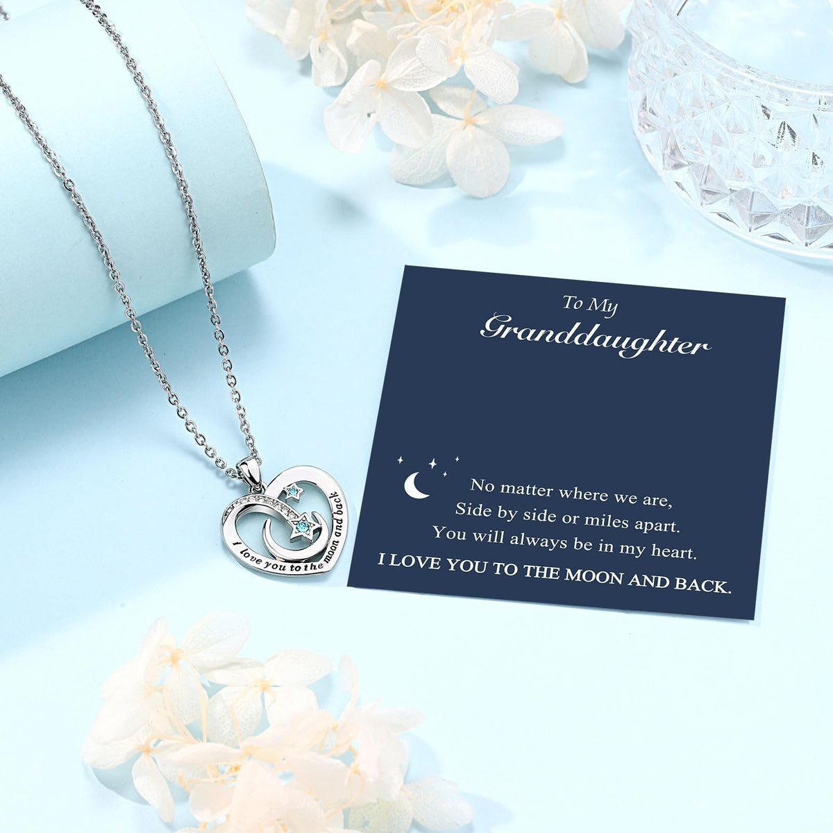 Personalized Granddaughter Necklace - Silver Plated Moon & Star Pendant, Gift for Daughter or Niece
