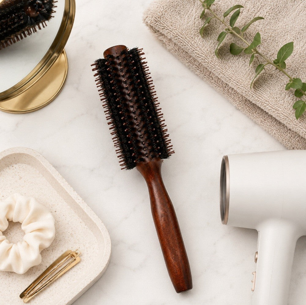 2.2-Inch Round Bristle Hair Brush with Wooden Handle for Blowouts & Styling