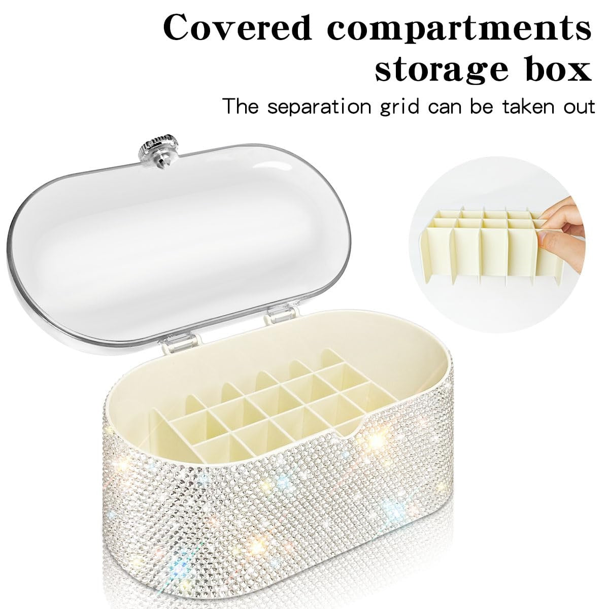 Large Capacity Acrylic Makeup Organizer with Lid and Shiny Glass Diamonds