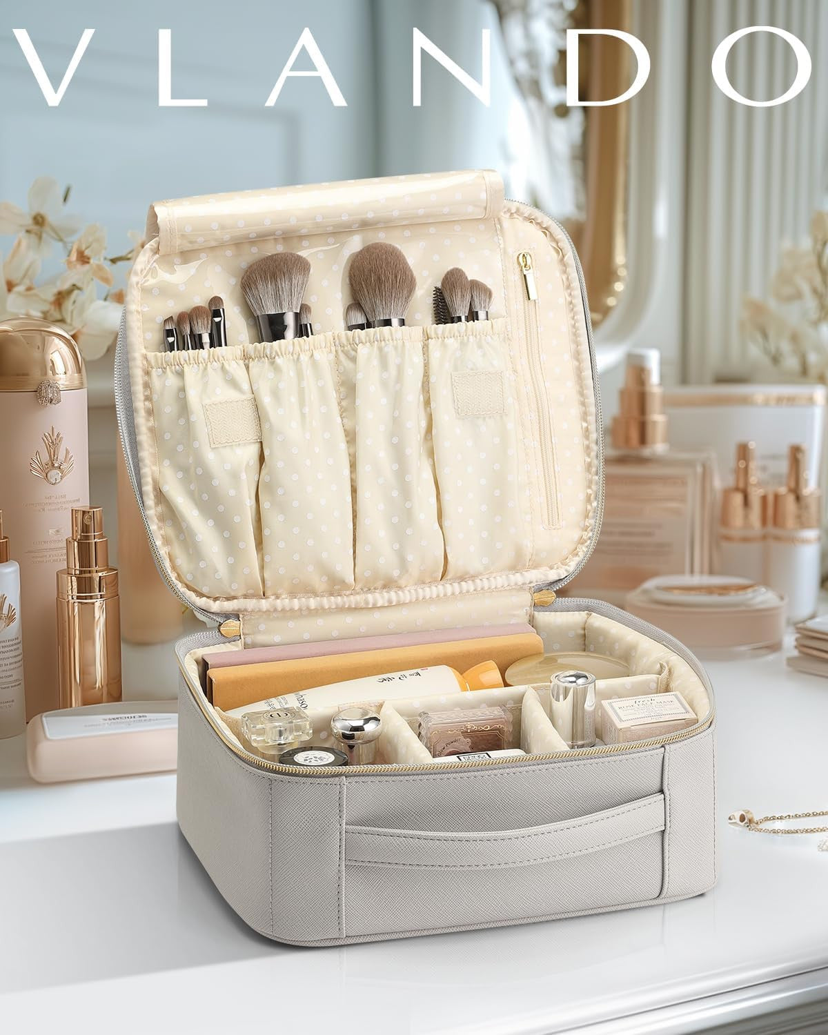 Portable Travel Makeup Case with Adjustable Dividers in Gray