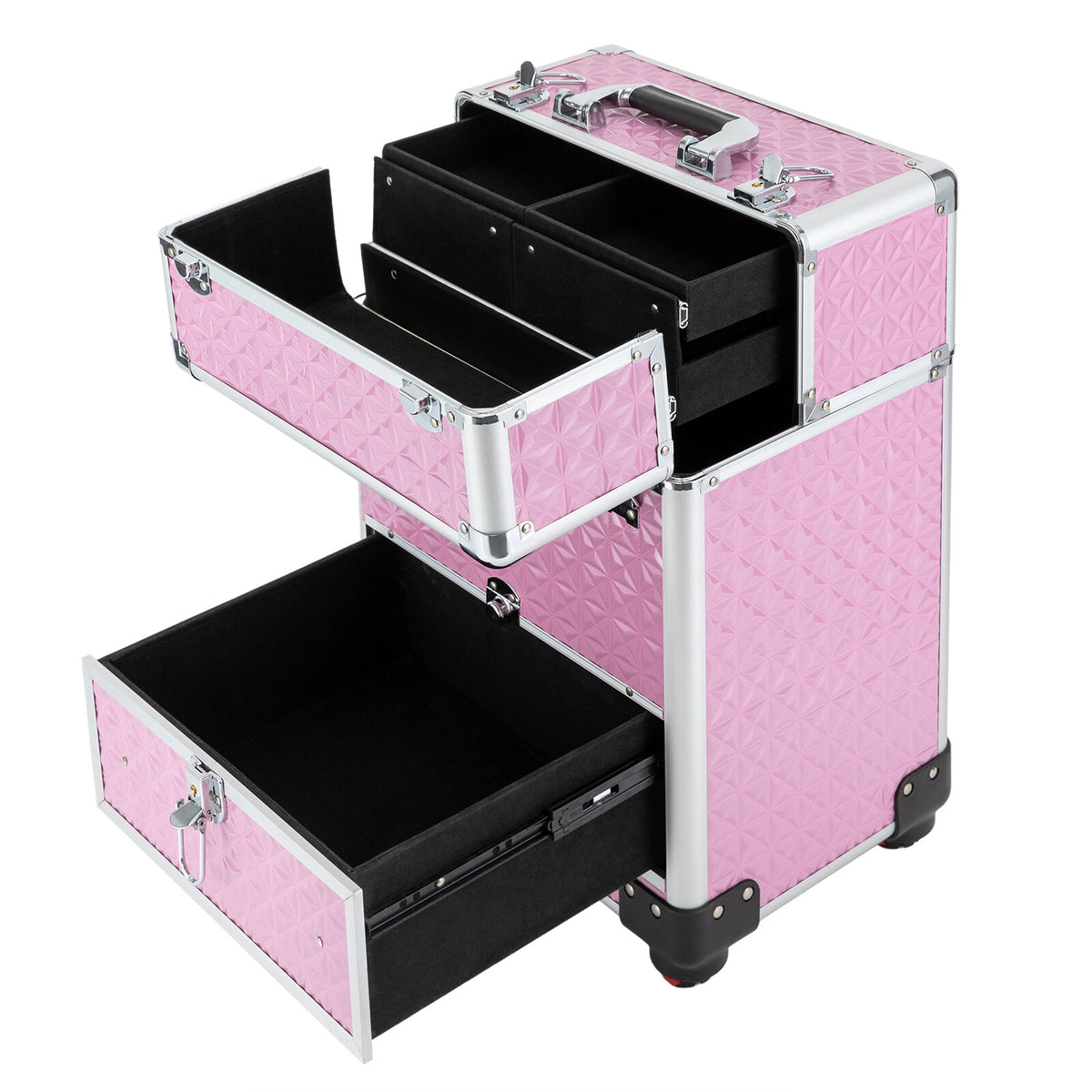 Rolling Makeup Train Case with 7 Compartments and Lockable Wheels