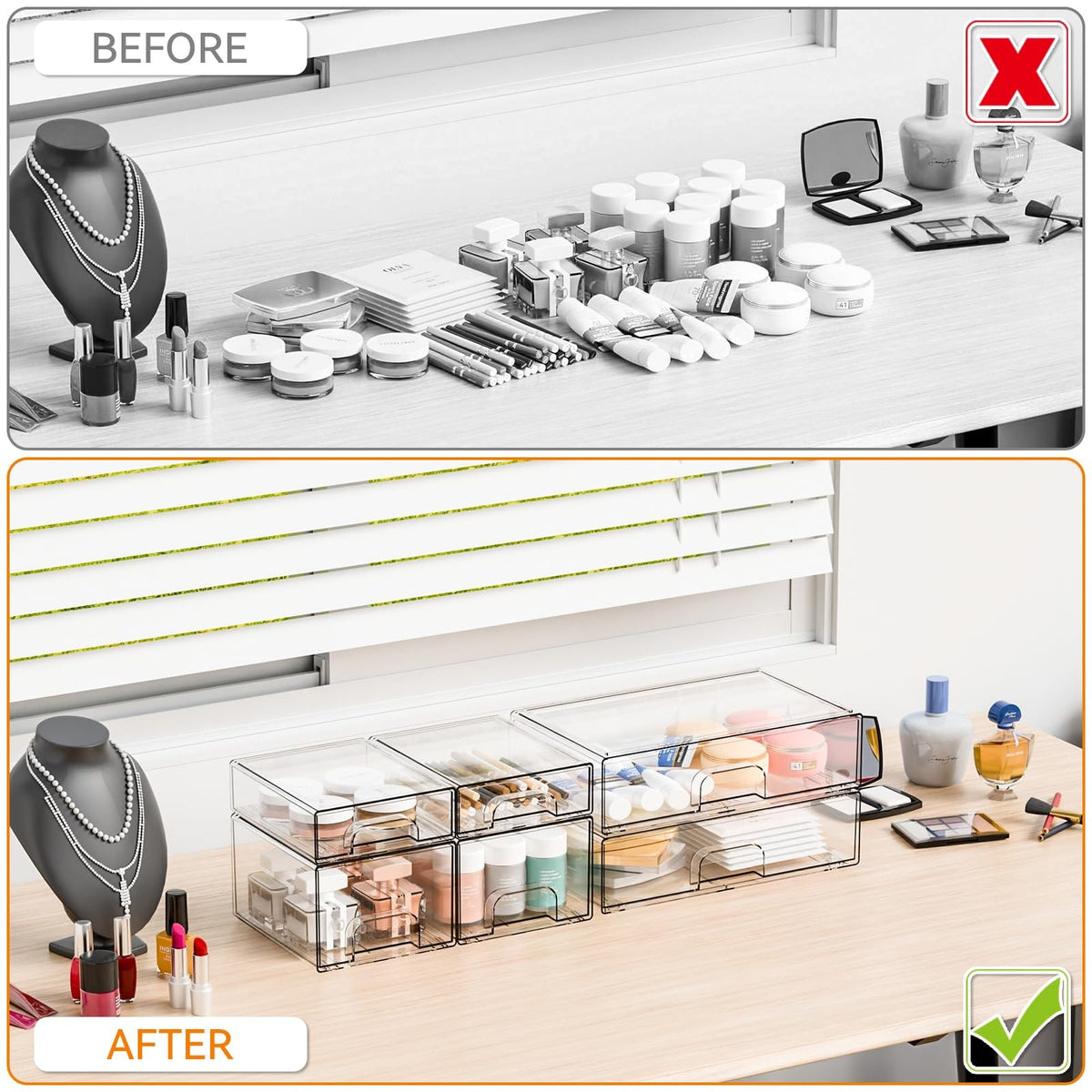 6 Pack Clear Stackable Acrylic Storage Drawers Bathroom Organizer