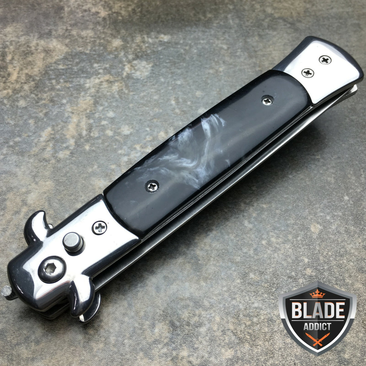 Automatic Folding Comb Switchblade Knife with Brush Black Stainless Steel Handle
