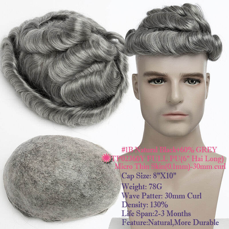 Men's Thin Skin Hair Replacement Toupee Human Hair System with Full PU Base