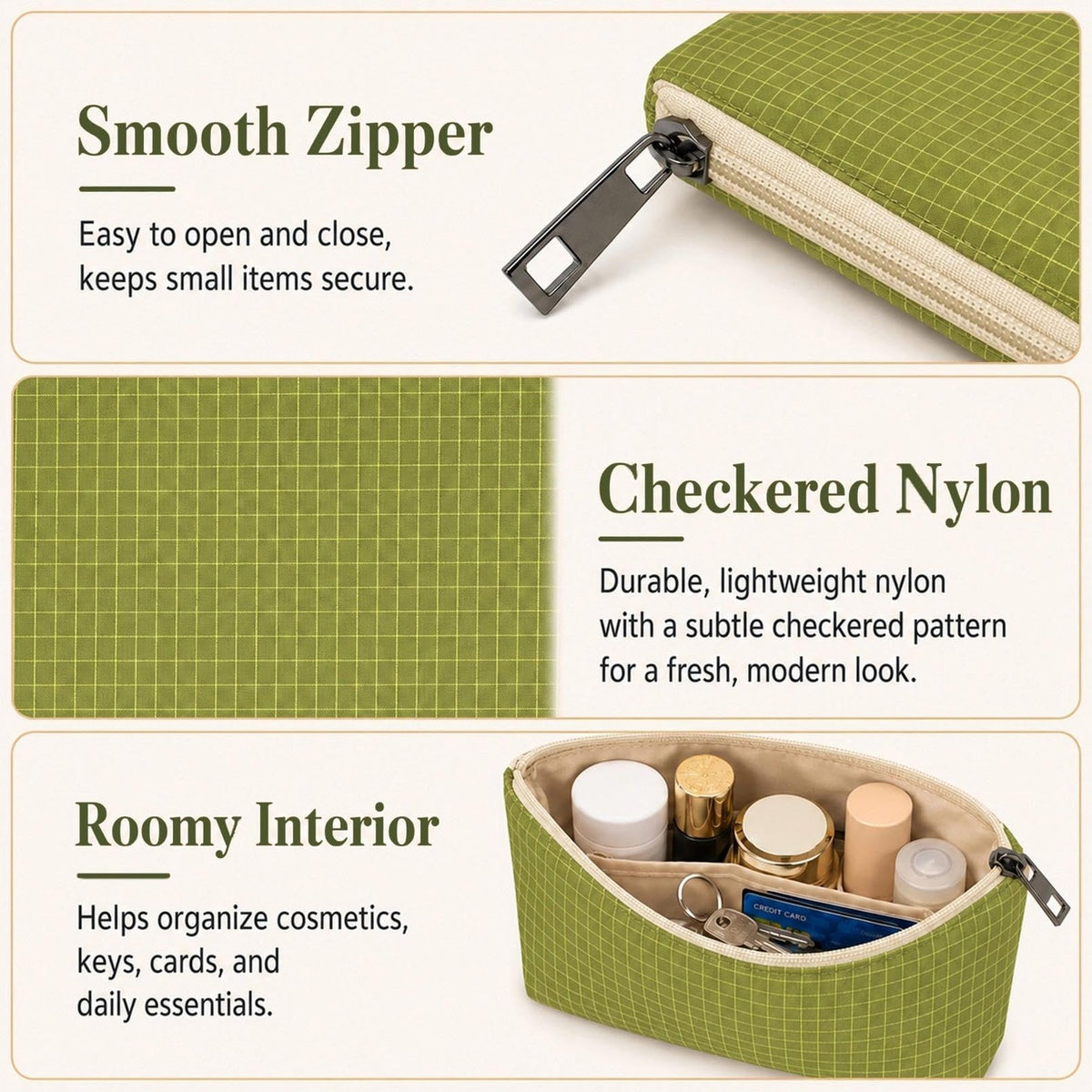 Travel Organizer Pouches Set - 3-Pack Green Checkered Nylon Makeup & Card Pouches