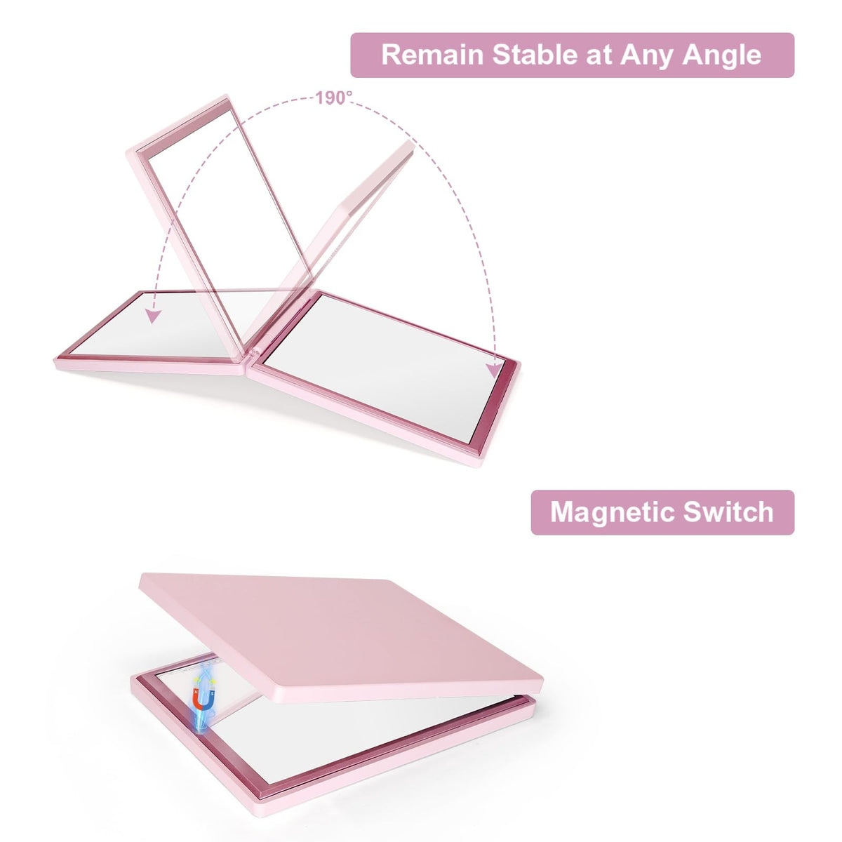 Portable Travel Compact Mirror with 1x/3x Magnification Pink
