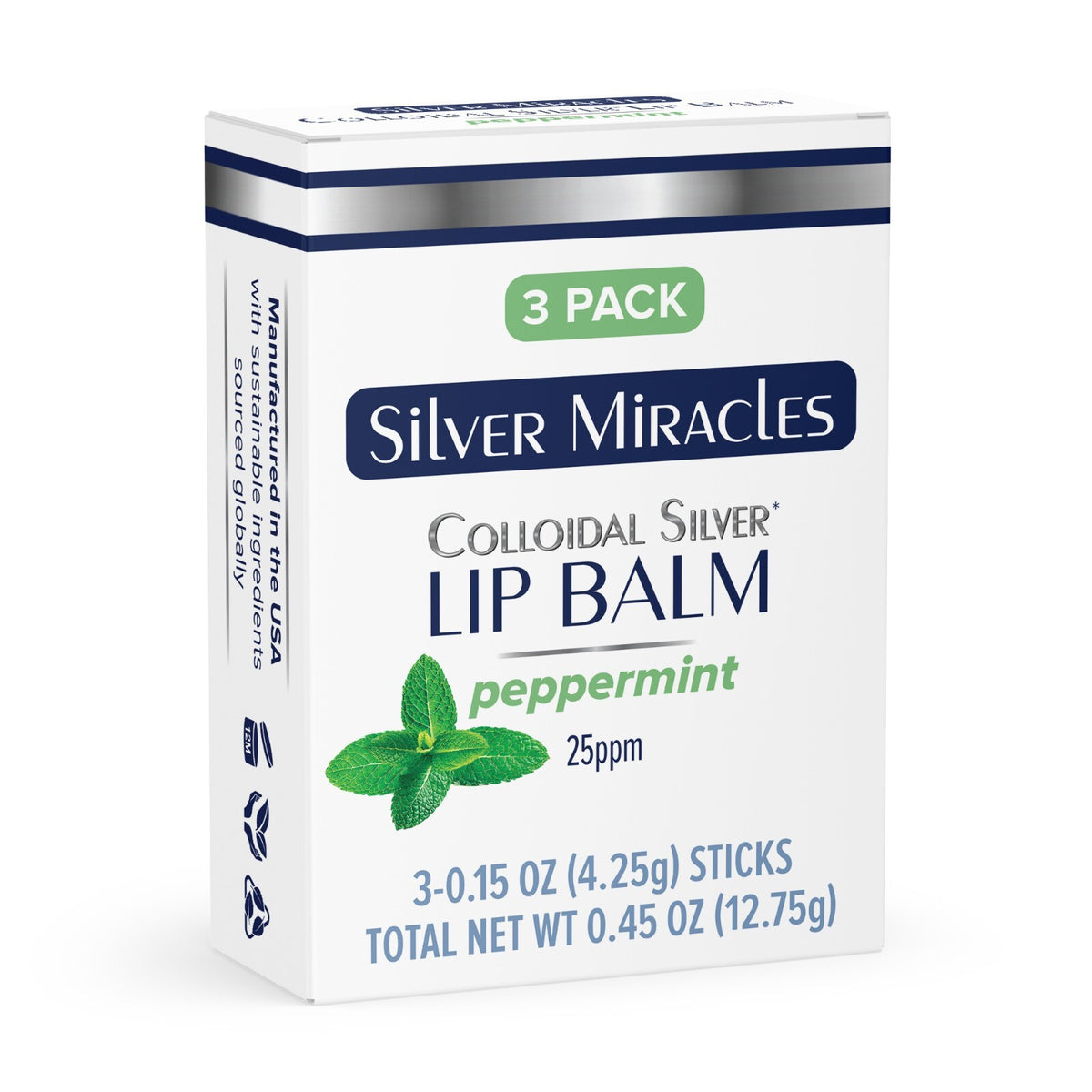Colloidal Silver Lip Balm Tubes - 3 Pack Natural Moisturizer for Dry Lips