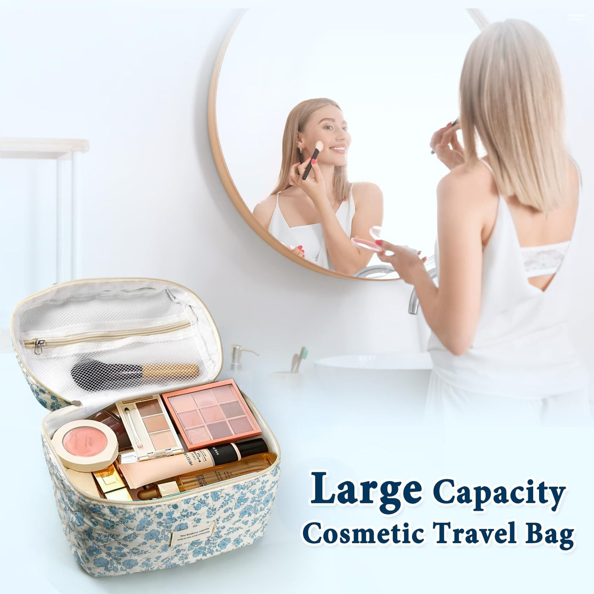 Large Cotton Quilted Travel Makeup Bag Set - Floral Sky Blue 4 Pack