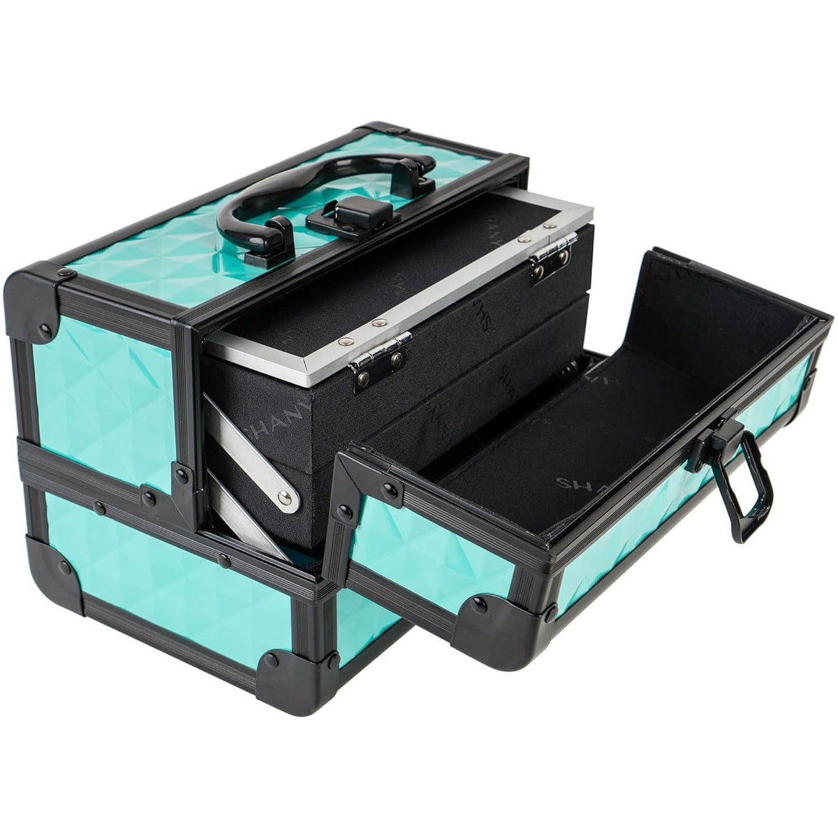 Portable Makeup Case with Mirror Turquoise Travel Cosmetic Organizer with Lock and Trays