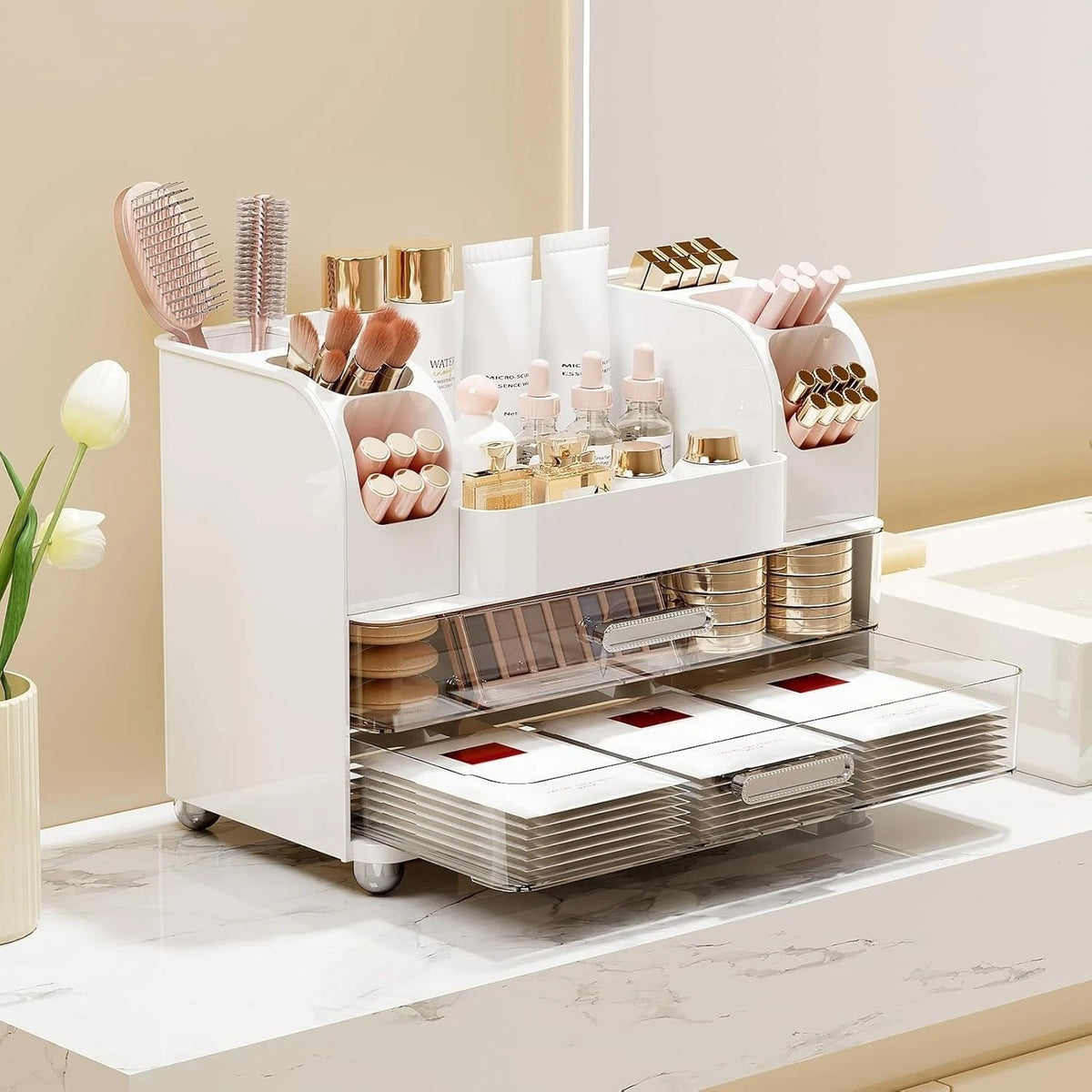 Makeup Organizer with 2 Large Drawers and Brush Holders - Vanity Storage Case