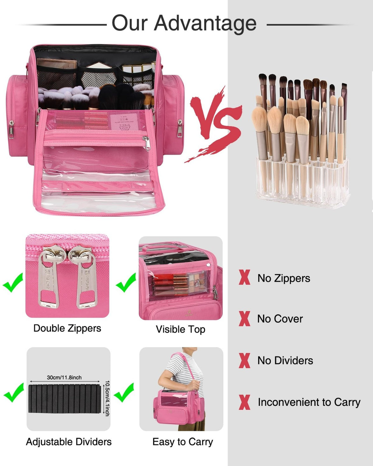Large Pink Makeup Brush Bag with Clear Lid and Adjustable Dividers