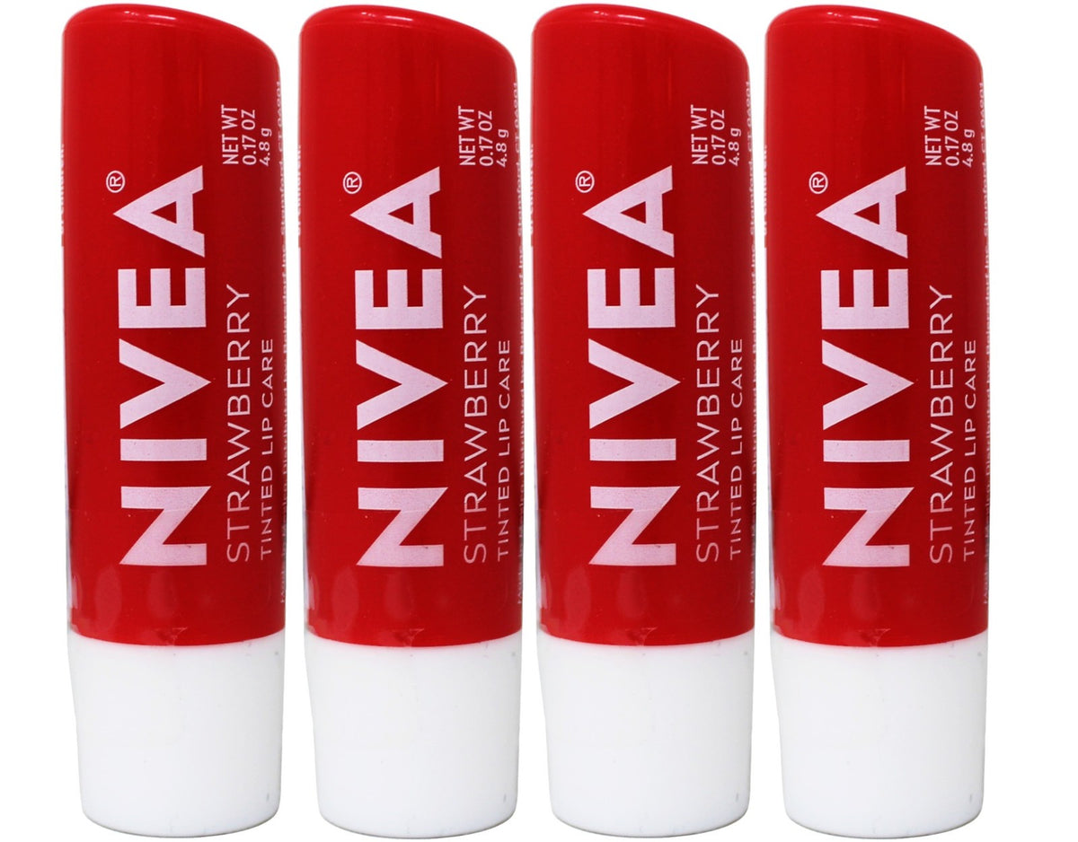 NIVEA Strawberry Tinted Lip Balm Set - Hydrating Soft Lips, 4 Pack