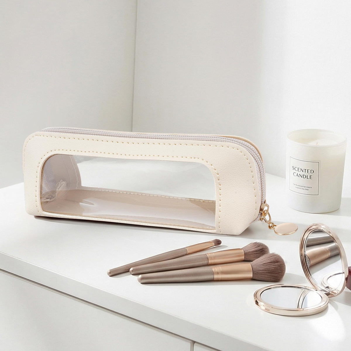 Transparent Makeup Brush Bag with Zipper - Slim Leather Cosmetic Pouch