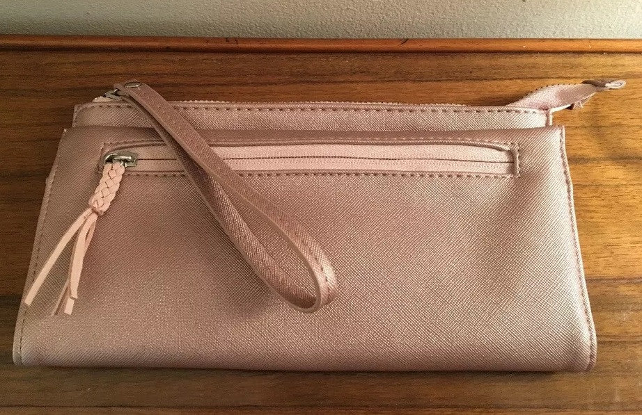 Metallic Rose Gold Faux Leather Makeup Bag - Slim Cosmetic Pouch with Zipper & Wristlet