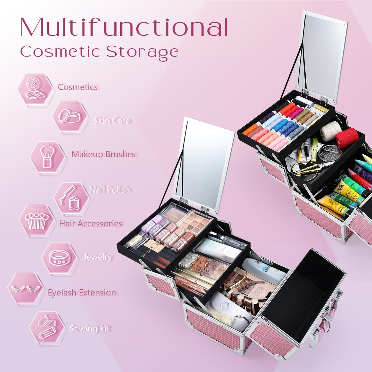 Large Pink Makeup Train Case with Mirror and Lockable Compartments