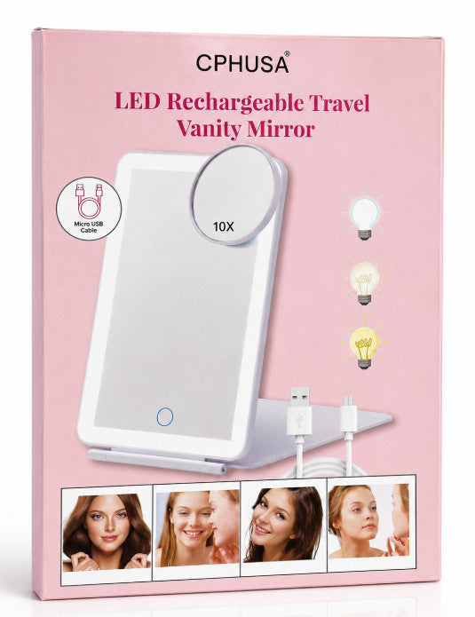 Rechargeable Travel LED Makeup Mirror with 10X Magnifier & 3 Light Modes