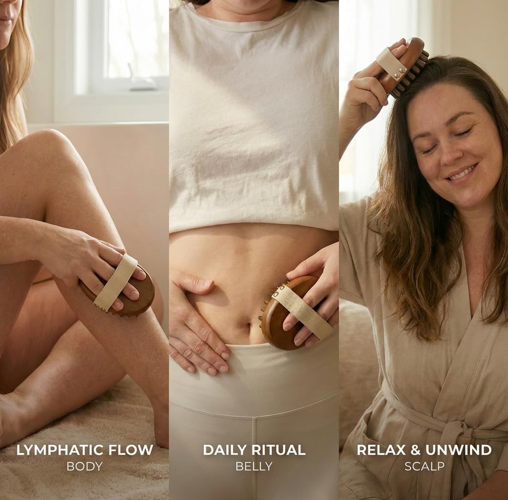 Portable Golden Sandalwood Meridian Massage Brush for Full-Body Relaxation
