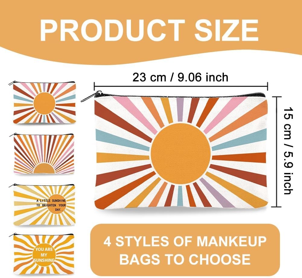Sunshine Canvas Makeup Bags 4 Pack – Travel Cosmetic Pouches with Zipper, 9.06 x 5.9 inches