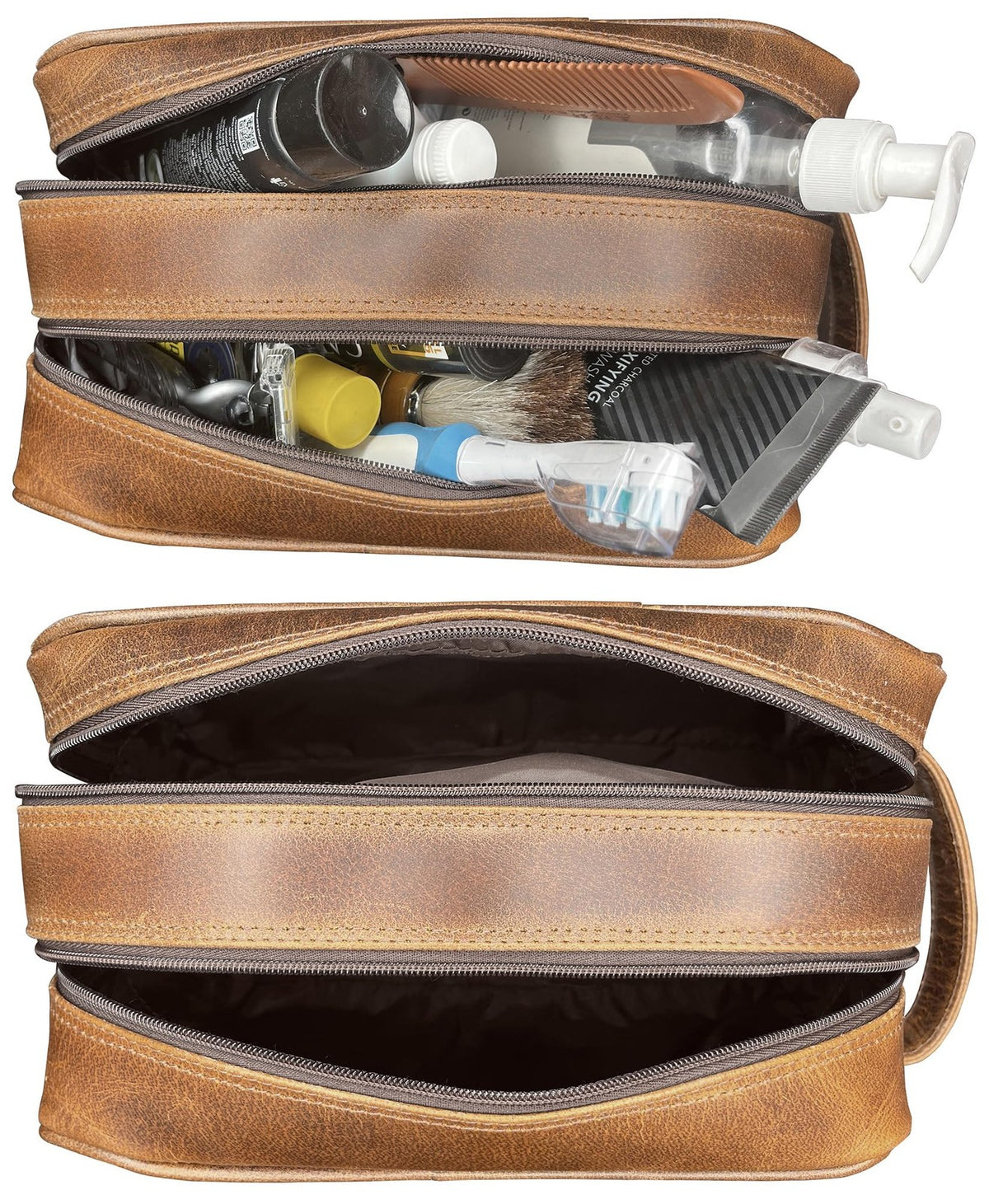 Antique Brown Leather Travel Toiletry Bag for Men and Women - Shaving & Cosmetic Organizer
