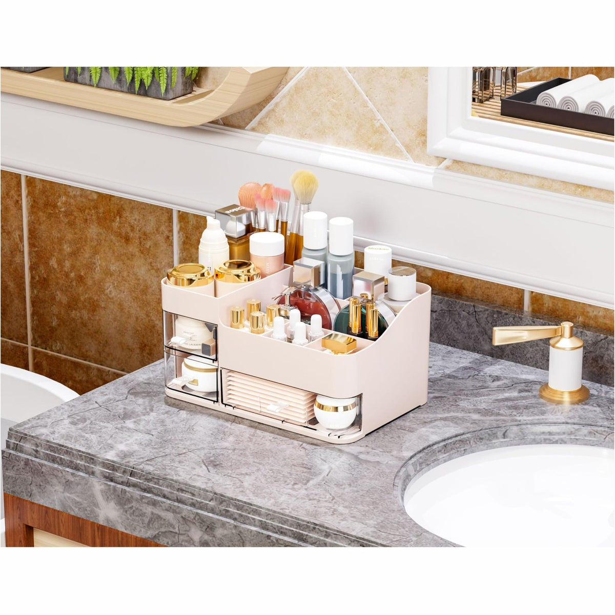 Pink Makeup Organizer with 3 Drawers - Large Vanity Storage for Skincare & Cosmetics