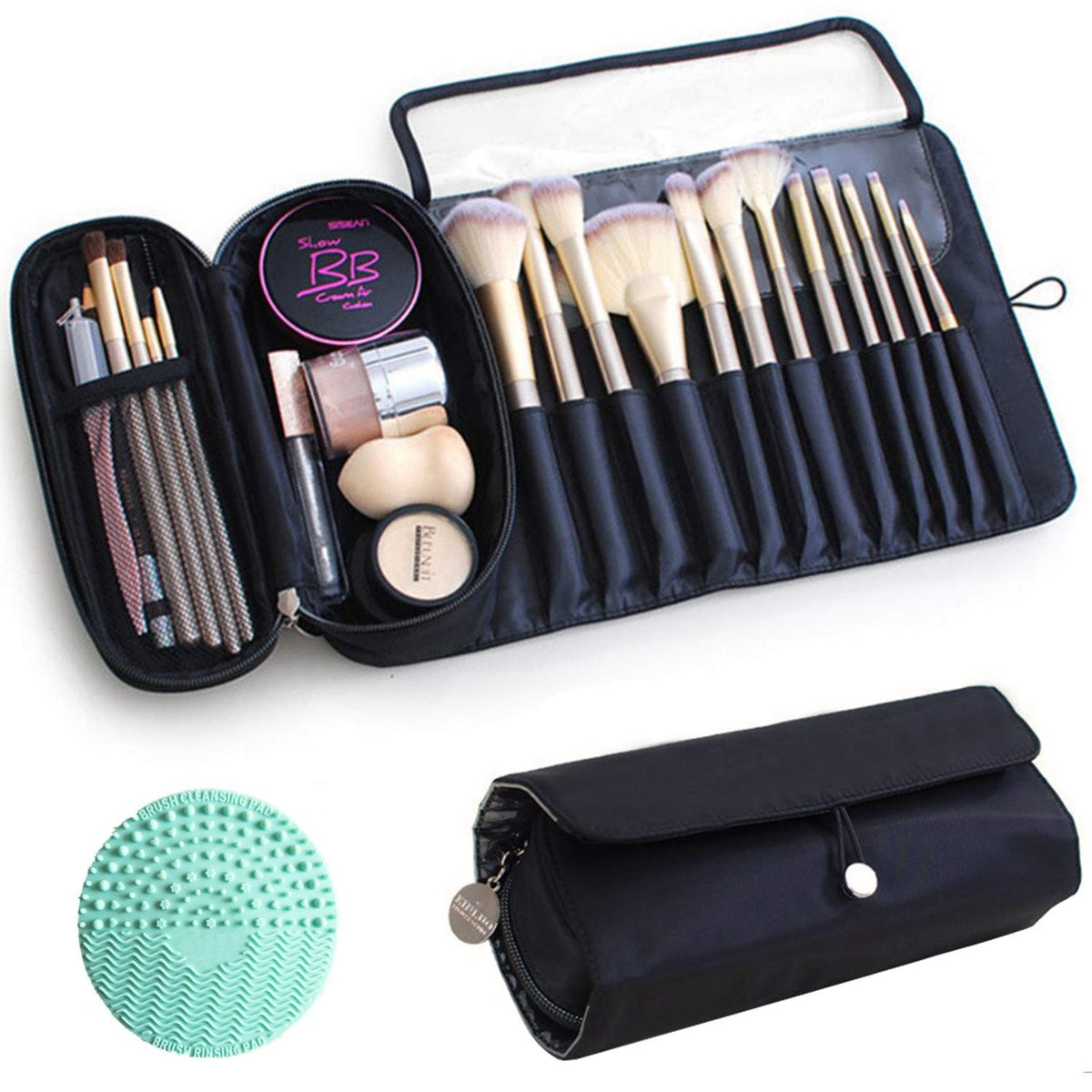 Travel Makeup Brush Bag Organizer Roll-Up Case with Water-Resistant Nylon