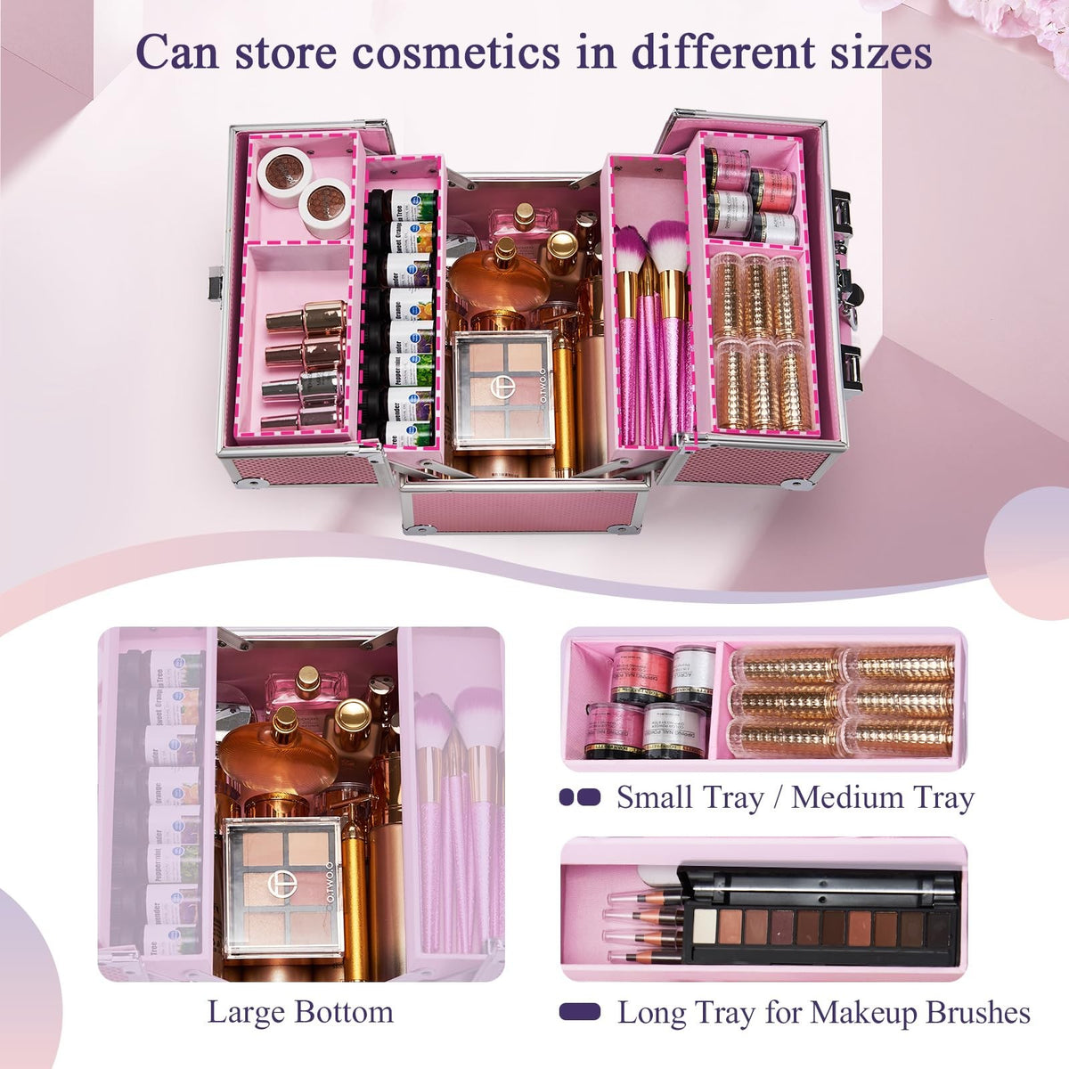 Travel Makeup Case Organizer with Lockable 4-Tier Trays - Mermaid Pink