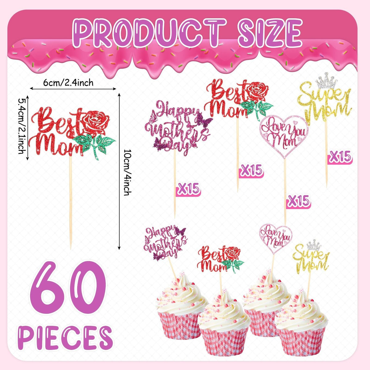 60 Pcs Happy Mother's Day Cupcake Toppers Glitter Cake Decorations - Multicolor
