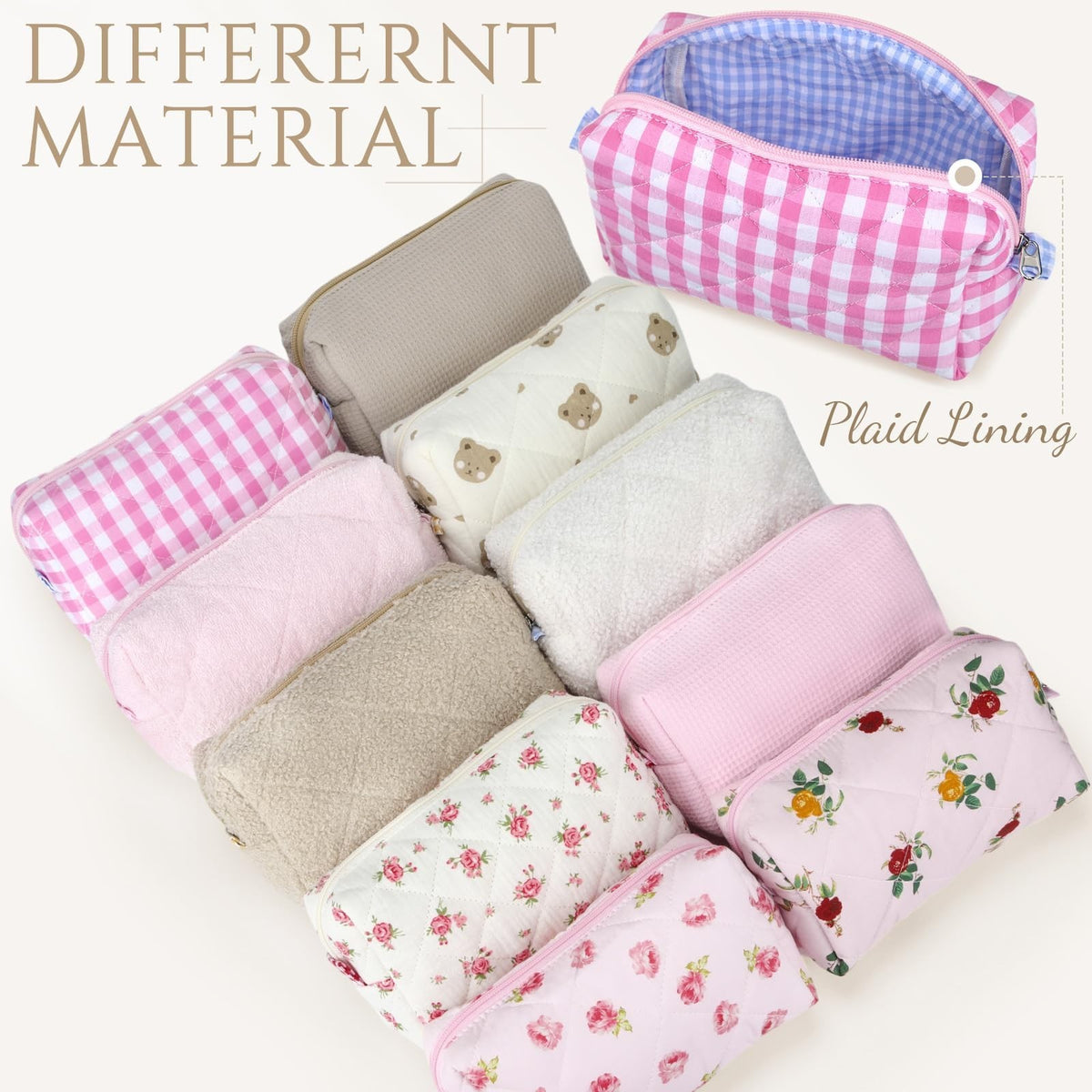 Quilted Cotton Makeup Bags Set - 10 Pcs Floral Cosmetic Pouches for Women & Bridesmaids