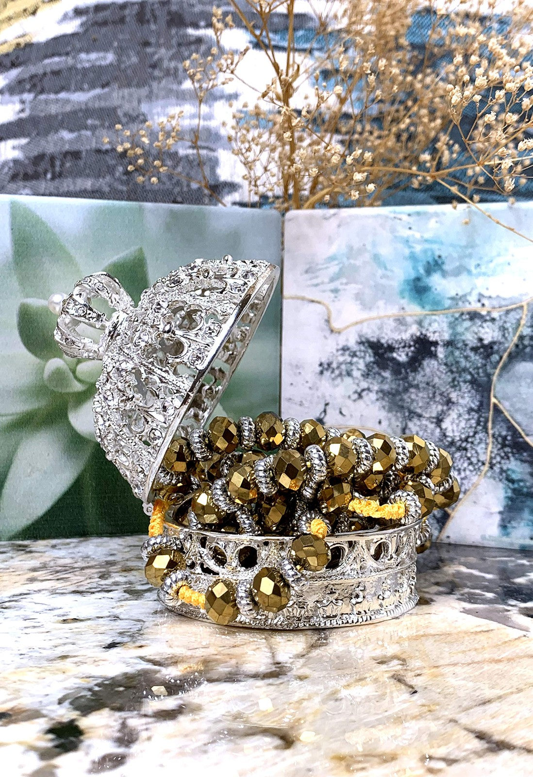 Silver Rhinestone Crown Jewelry Box with Pearl Design - Elegant Gift Storage