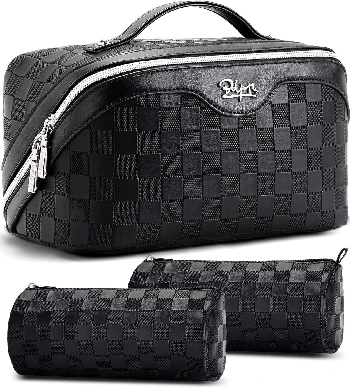 Travel Makeup Bag Organizer Set of 3 Waterproof Leather Cosmetic Bags - Large Capacity, Compartments, Women Gift