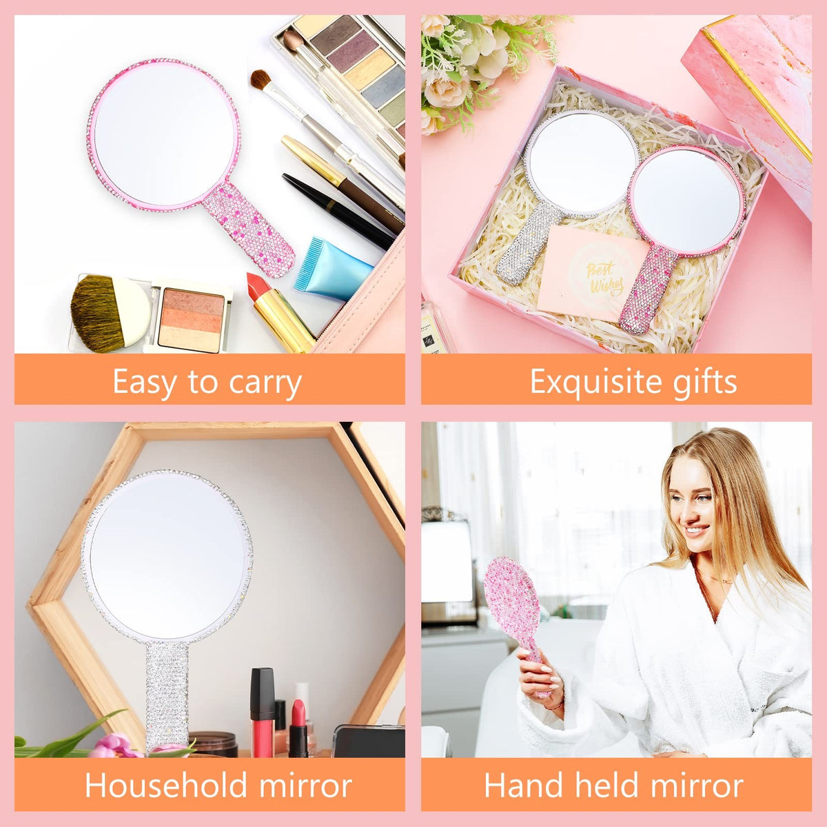 2-Piece Rhinestone Hand Mirror Set Pink White Bling Wedding Makeup Accessories