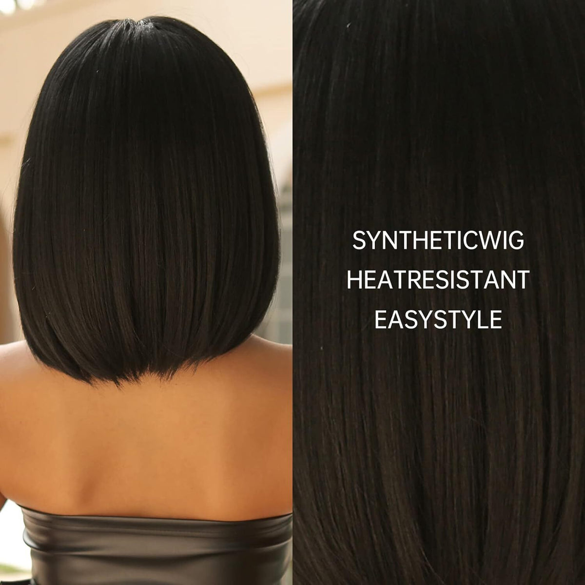 15in Bob Style Wigs for Women - Short Straight Black with Bangs Natural Look
