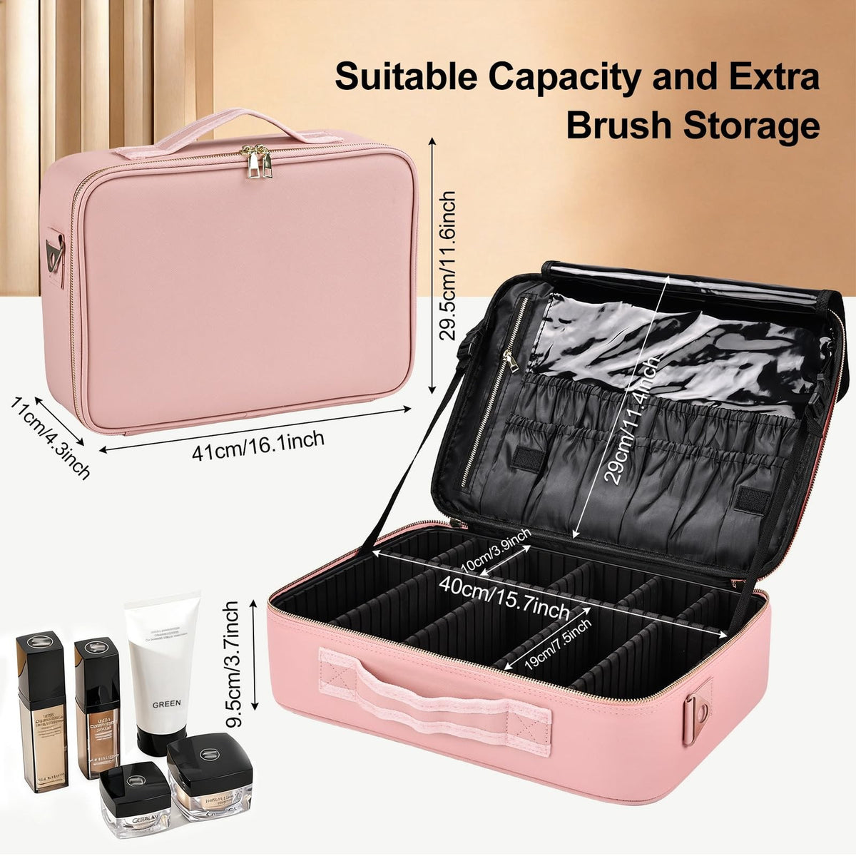 Large Travel Makeup Case Organizer - Waterproof PU Leather Cosmetic Bag with 10 Removable Dividers