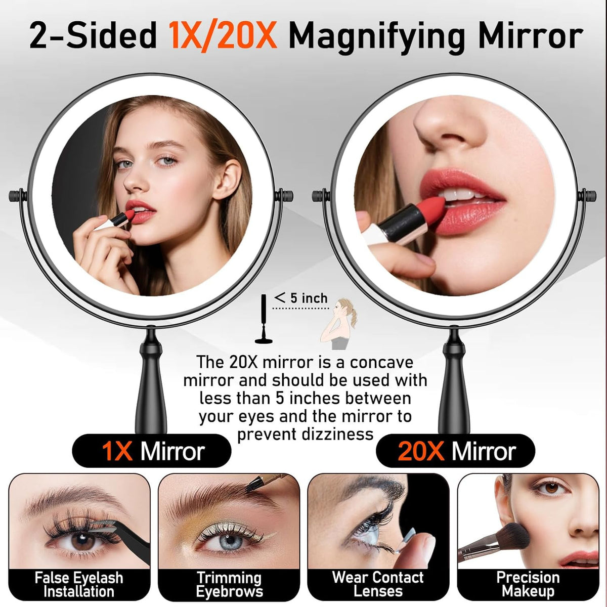 Lighted Makeup Mirror with 20X Magnification and Adjustable Brightness