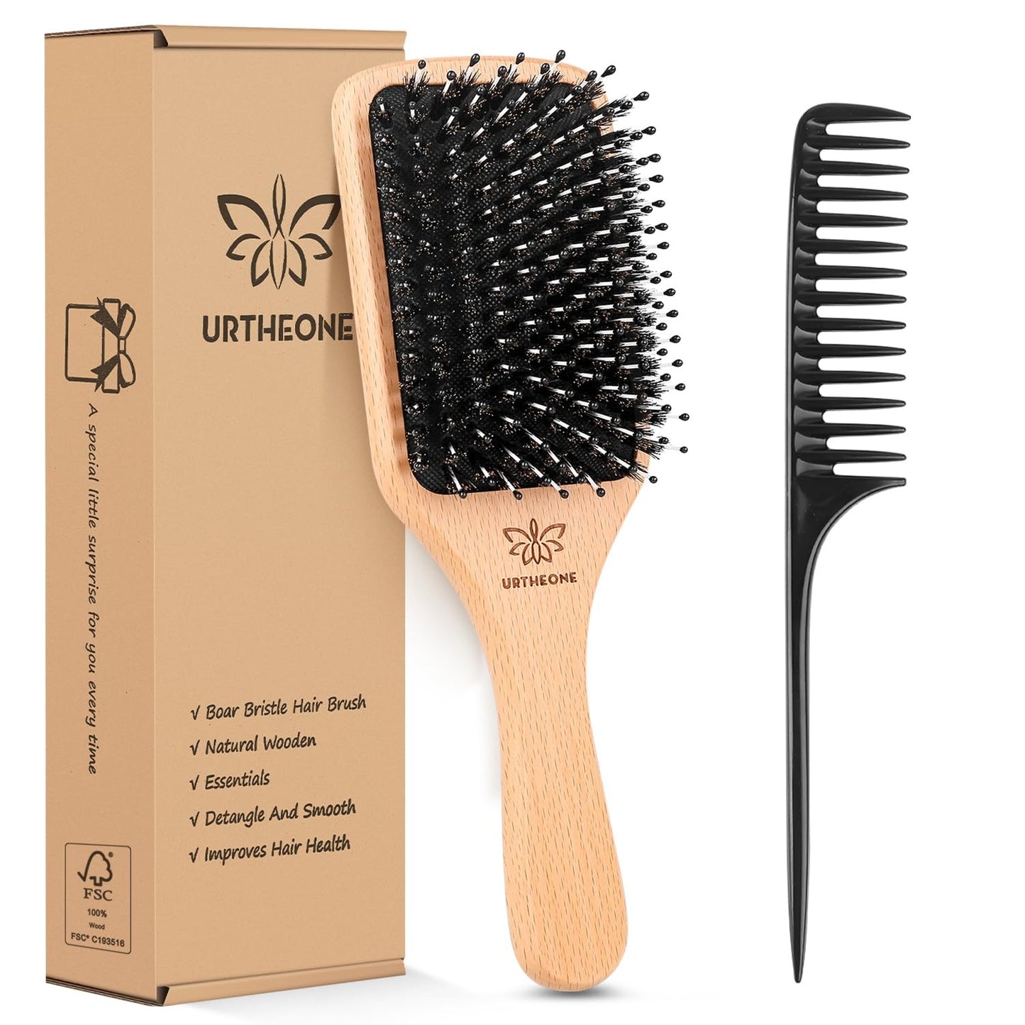 Boar Bristle Hair Brush for Thick Hair - Natural Wood Handle
