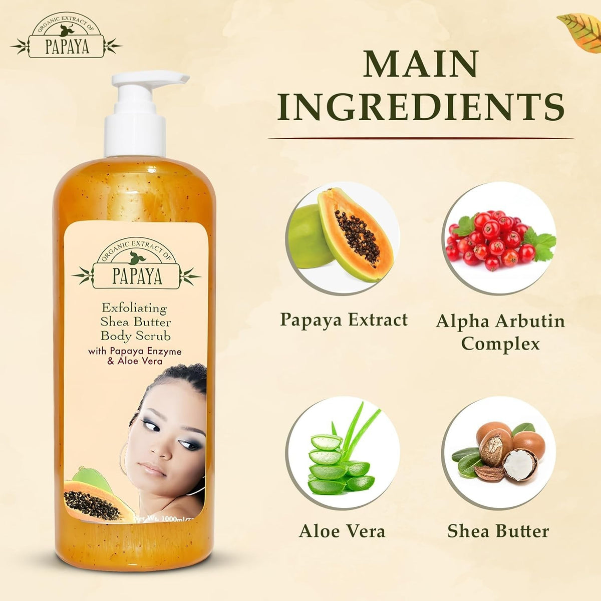 Organic Papaya Body Scrub with Shea Butter - Exfoliating Moisturizer 33.8 oz