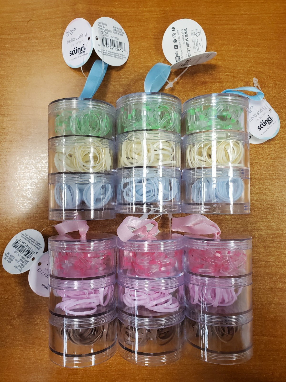 6 Tubes of 120: Scunci Poly Hair Bands Green/Blue & Pink/Brown