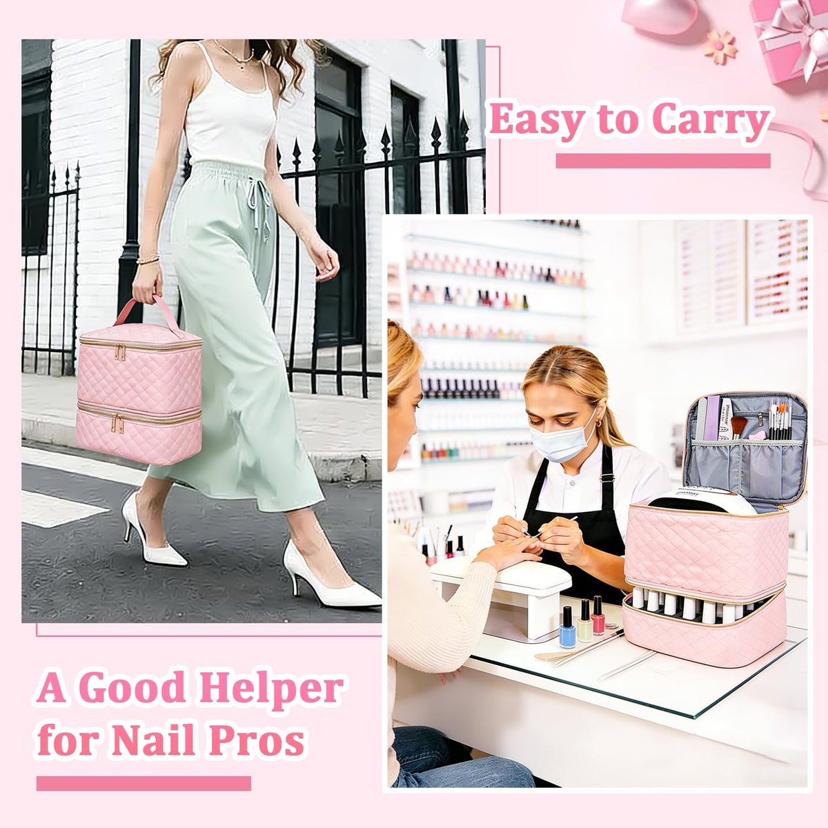 Pink Double Layer Nail Polish Organizer Bag Holds 30 Bottles & Lamp Kit