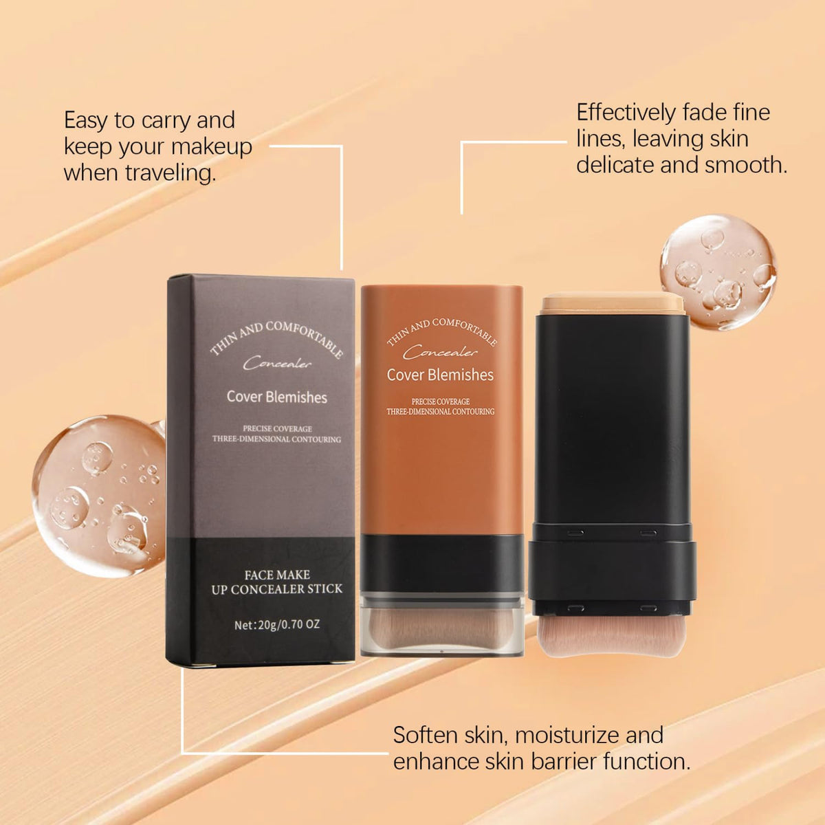 Hydrating Face Foundation Stick with Built-In Brush - Full Coverage, Lightweight, Waterproof, 0.7oz