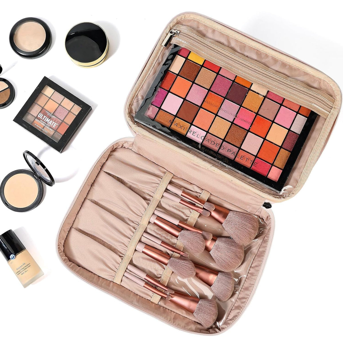 Double Layer Makeup Bag Organizer Travel Cosmetic Case with Adjustable Dividers