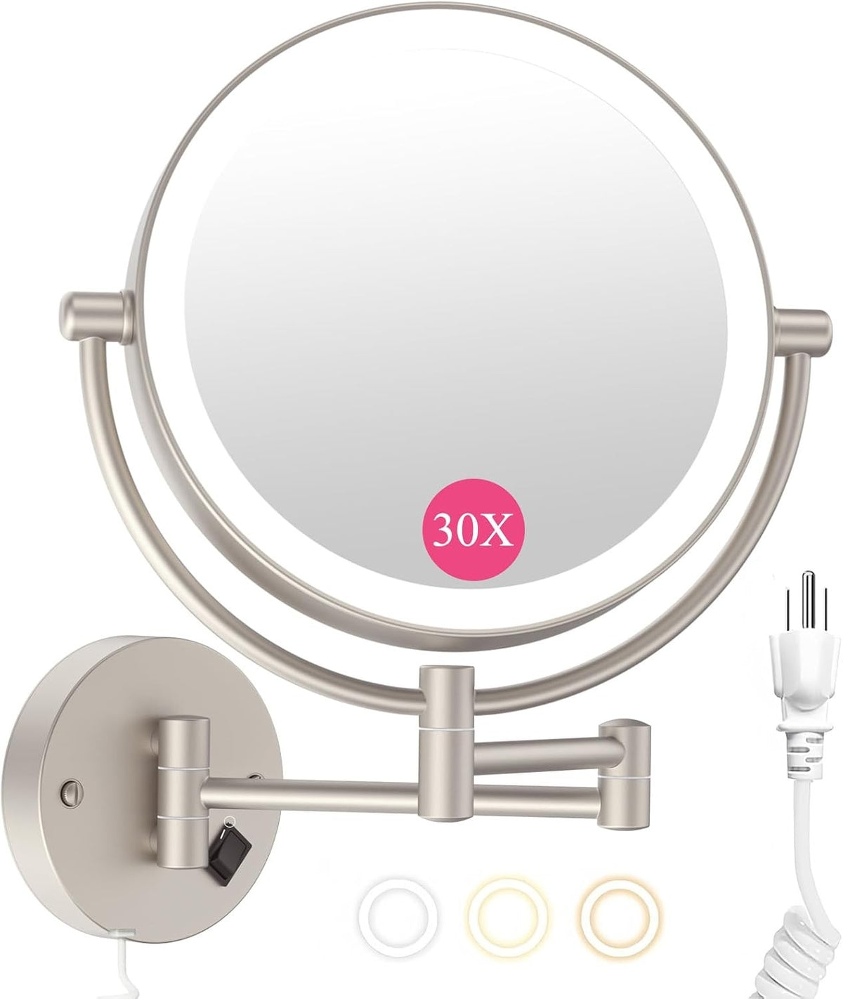 Wall Mounted Lighted Makeup Mirror with 30X Magnification, Adjustable Brightness