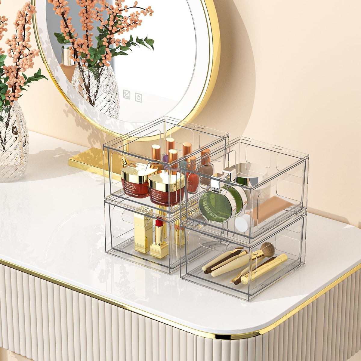 Stackable Clear Plastic Makeup Organizer Drawers with Handles