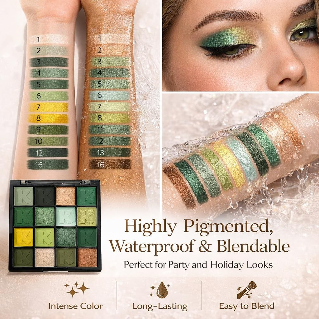 Green Eyeshadow Palette Matte Glitter Long-Lasting 16 Shades