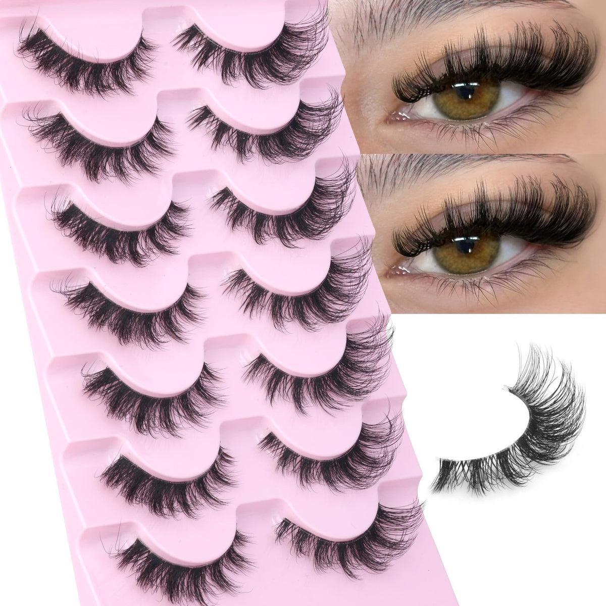 Wispy D Curl Cat Eye False Eyelashes 7 Pairs - Natural Look, Handmade