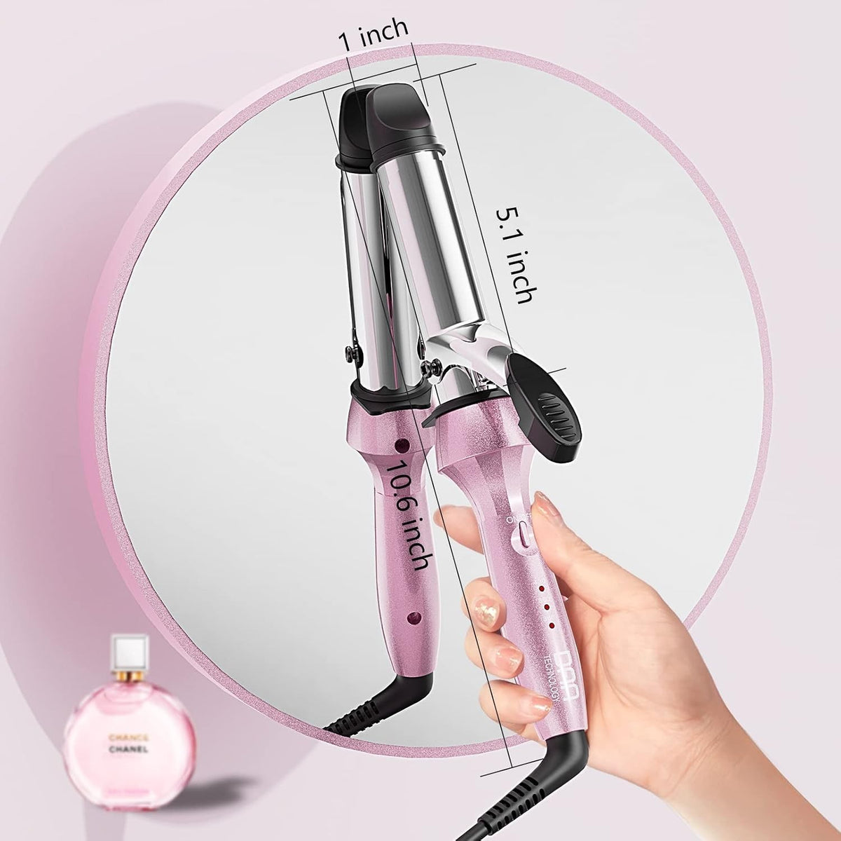 Dual Voltage Pink Curling Iron with Anti-Scald Safety Features - 450°F