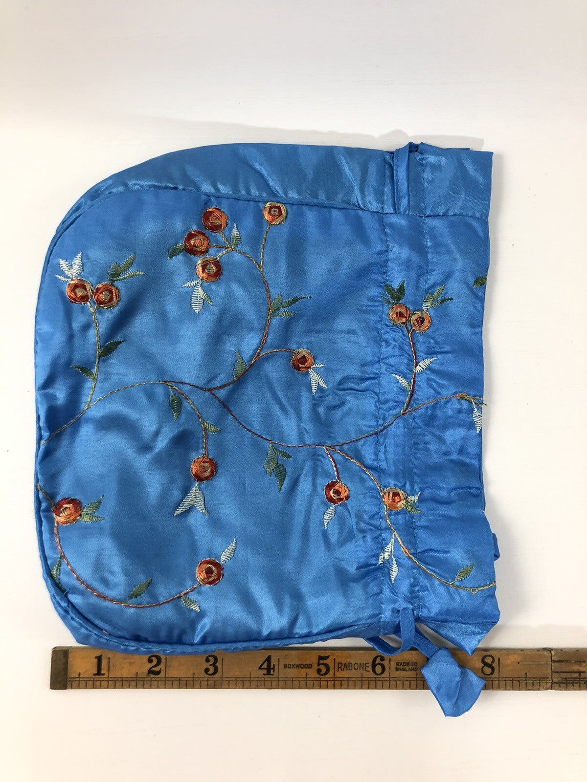 Blue Satin Rose Pattern Drawstring Cosmetic Bag, Makeup Storage Pouch