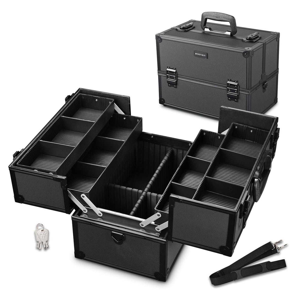 Large Aluminum Makeup Train Case with 4-Tier Trays and Lockable Storage